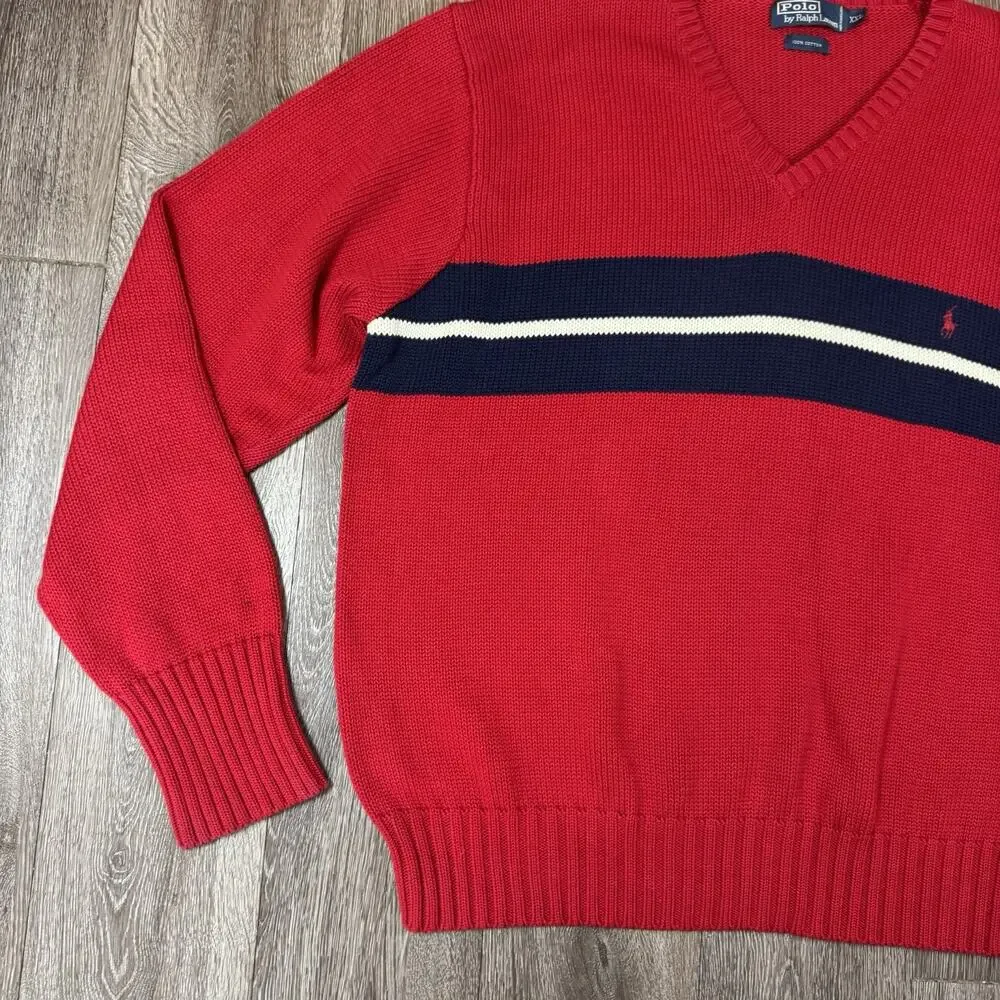 Vintage 80s Polo Ralph Lauren V Neck Cotton Sweater Striped Red Blue Men's XXL